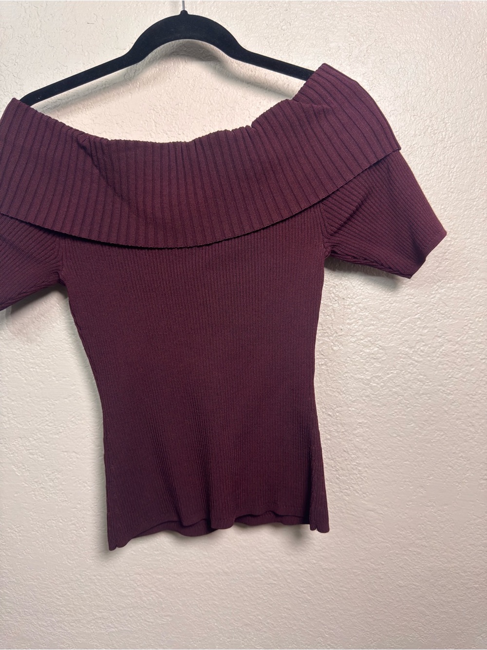 Women’s Off-the-Shoulder Ribbed Sweater Top - Wine - Picture 6 of 6